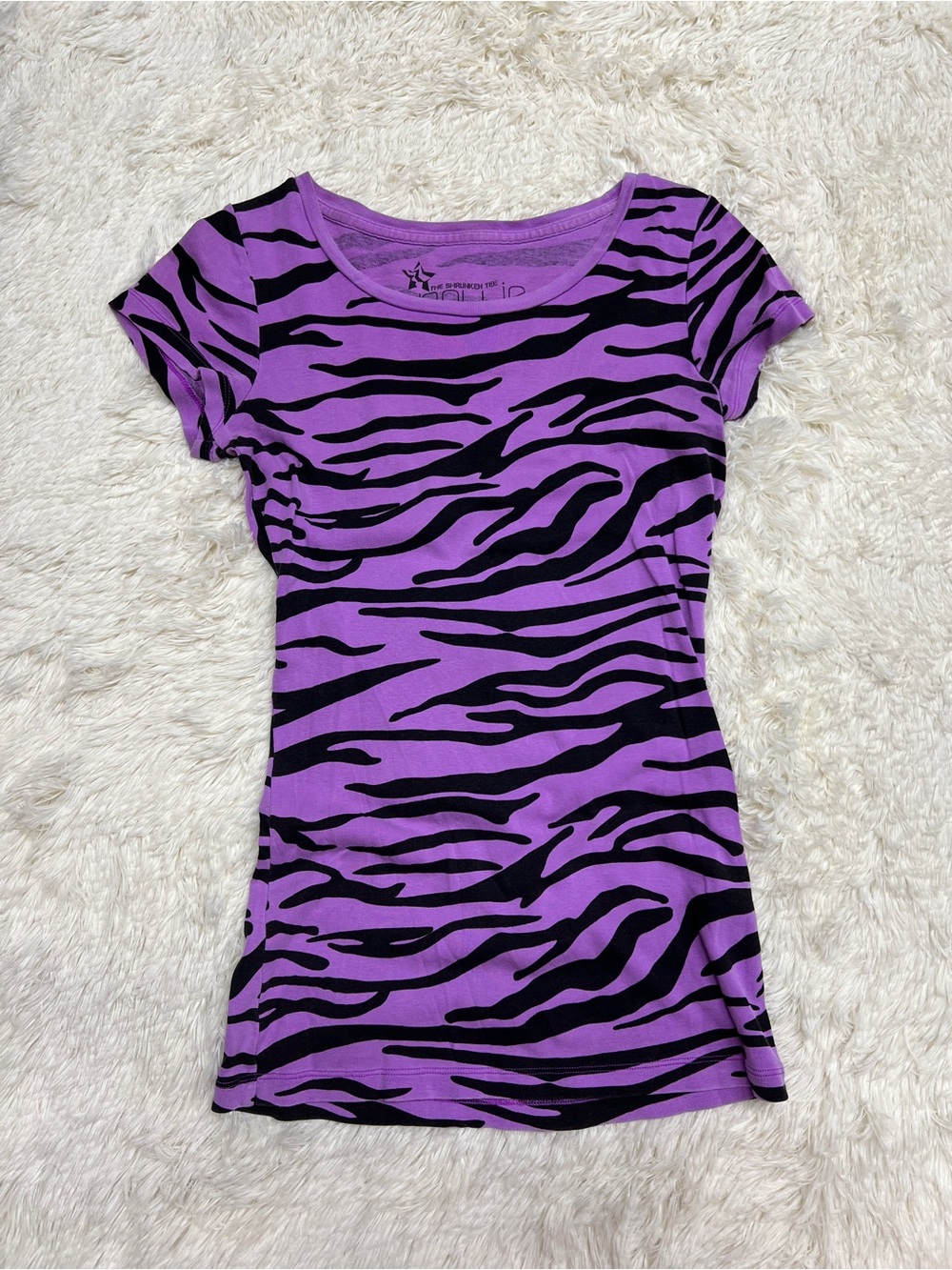 Nollie Purple and Black Zebra Stripe Short Sleeve Baby Doll Tee Y2K Scoop Neck - Picture 2 of 11